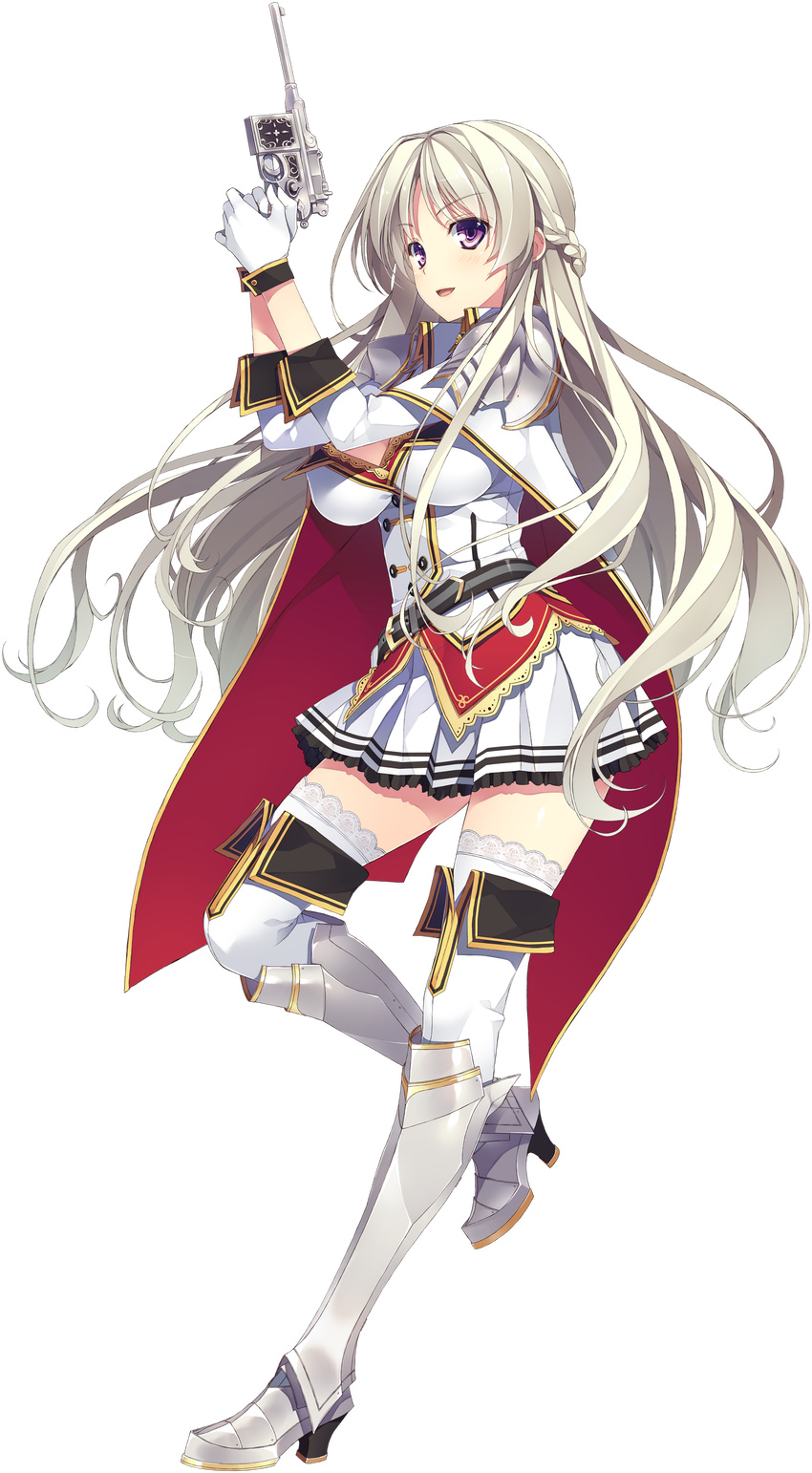 absurdres armor armored_boots armored_dress boots breasts cape cleavage full_body gloves greaves gun handgun highres juukishi_cutie_bullet large_breasts long_hair looking_at_viewer mauser_c96 necktie purple_eyes reina_de_medishi school_uniform shoulder_armor silver_hair smile solo spaulders thigh_boots thighhighs transparent_background very_long_hair weapon white_footwear white_legwear yuuki_hagure zettai_ryouiki