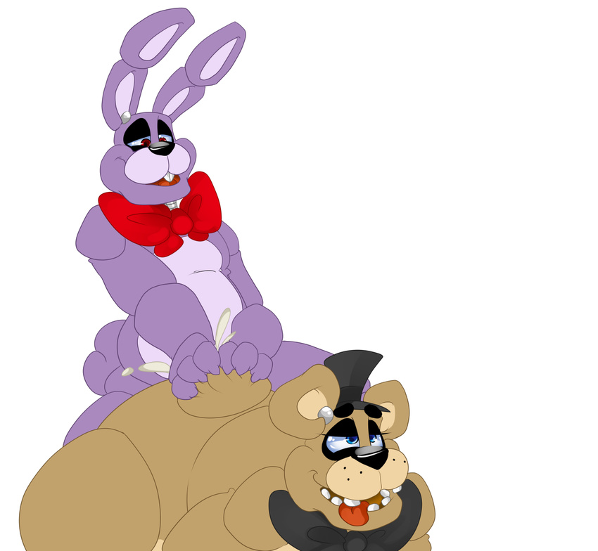 all_fours anal anal_penetration animatronic anthro bear bonnie_(fnaf) bow buckteeth cum five_nights_at_freddy's freddy_(fnaf) from_behind grasp hand_on_tail hat headgear lagomorph long_ears looking_down looking_up machine male male/male mammal nude open_mouth orgasm penetration rabbit robot sex smile squint teeth tongue tongue_out unknown_artist video_games