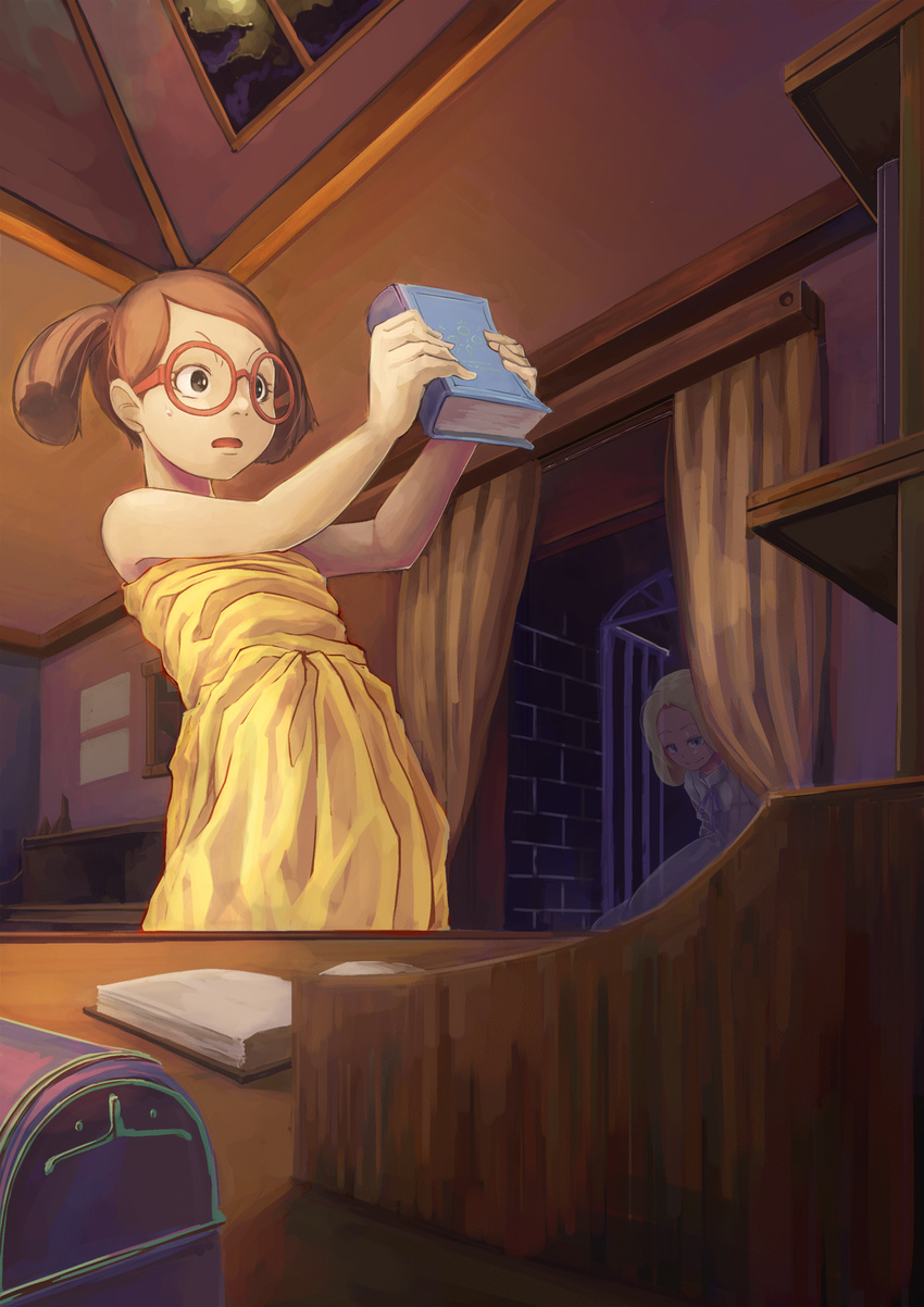 book brown_hair curtains dress ghost glasses highres holding holding_book marnie multiple_girls omoide_no_marnie queruru sayaka_(omoide_no_marnie) short_twintails smile surprised sweatdrop transparent twintails window