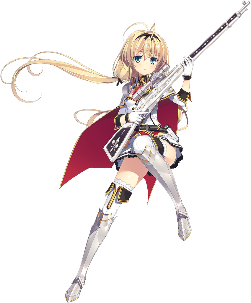 absurdres armor armored_boots armored_dress blonde_hair blue_eyes bolt_action boots cape full_body gloves greaves gun hairband highres juukishi_cutie_bullet long_hair low_twintails mosin-nagant necktie rifle sara_tefal school_uniform shoulder_armor sniper_rifle solo spaulders thigh_boots thighhighs transparent_background twintails very_long_hair weapon white_footwear white_legwear yuuki_hagure zettai_ryouiki