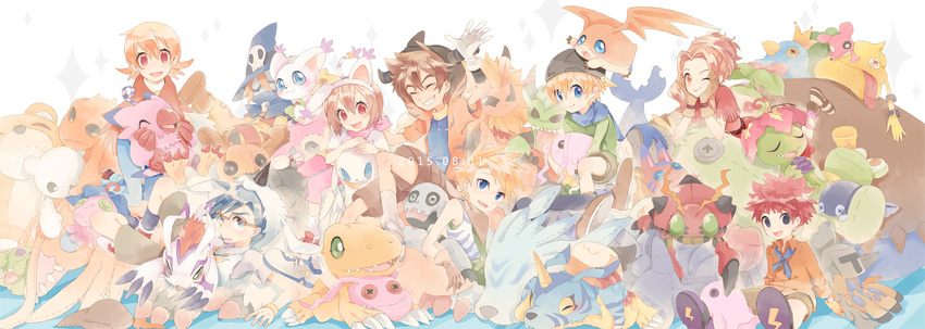 5boys agumon blonde_hair brown_hair character_doll digimon digimon_adventure digimon_adventure_tri. gabumon gloves gomamon hat highres huan_li ishida_yamato izumi_koushirou kido_jou long_hair multiple_boys multiple_girls palmon patamon piyomon short_hair stuffed_toy tachikawa_mimi tailmon takaishi_takeru takenouchi_sora tentomon yagami_hikari yagami_taichi