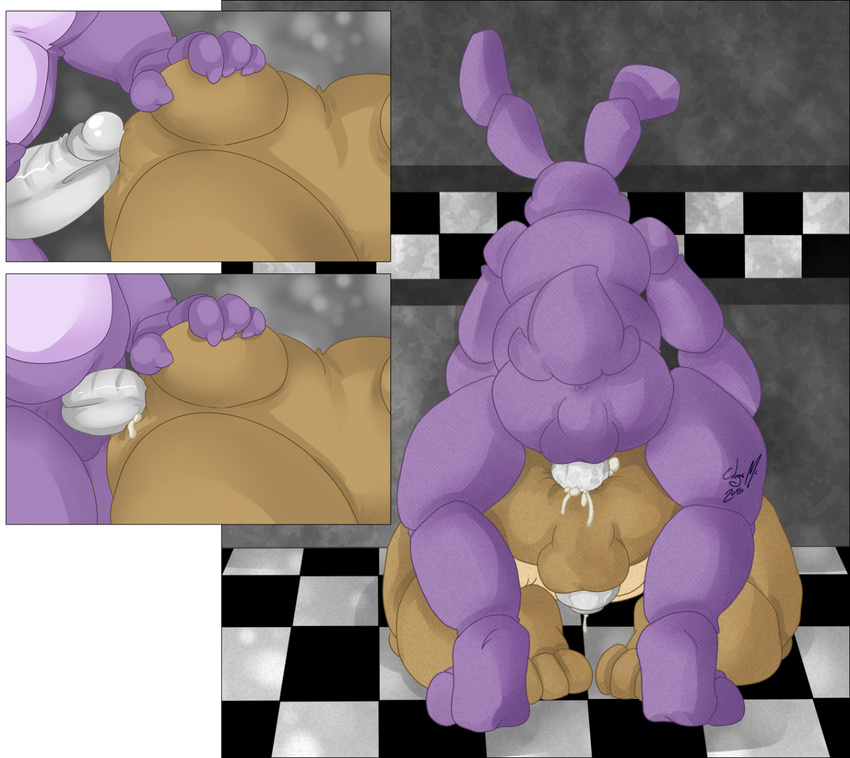 all_fours anal anal_penetration animatronic anthro anus ass_up balls barefoot bear bonnie_(fnaf) butt chubby cum cum_in_ass cum_inside cum_on_anus cum_on_butt cum_on_penis cum_string five_nights_at_freddy's freddy_(fnaf) from_behind hand_on_tail lagomorph machine male male/male mammal nude on_floor penetration penis rabbit robot sex spread_legs spreading standing unknown_artist video_games