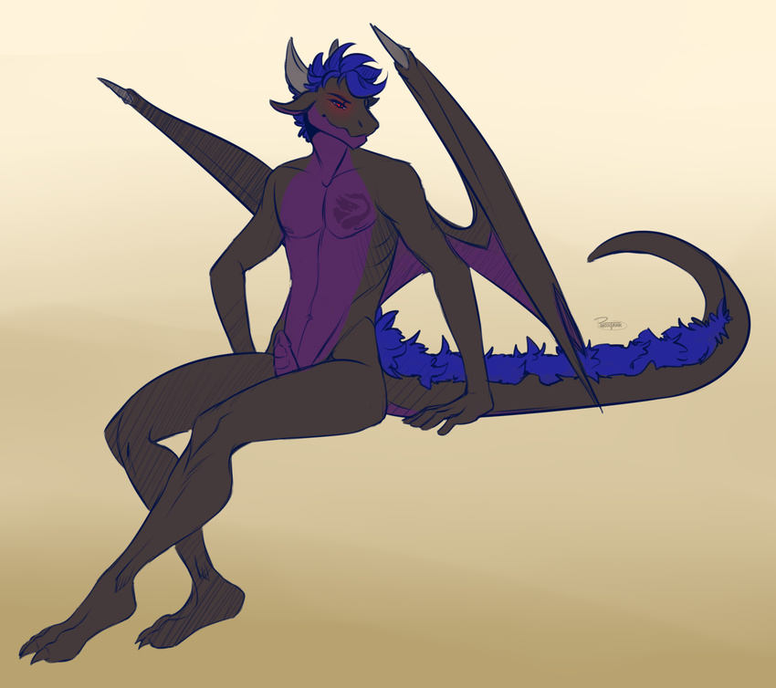 blue_hair claws dragon erection hair horn invisible_chair male nipples penis quil red_eyes ribbed_penis scalie sergal sitting solo tanks tattoo thick_tail western_dragon wings