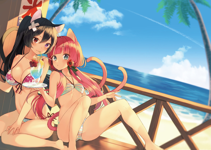 animal_ears barefoot beach bikini black_hair blue_eyes blue_hawaii breasts cat_ears cleavage cloud day drink drinking front-tie_top ichijou_kokona long_hair looking_at_viewer low_twintails medium_breasts midorikawa_you multicolored multicolored_stripes multiple_girls ocean original outdoors pink_hair ponytail purple_eyes side-tie_bikini sitting sky small_breasts striped swimsuit tail tropical_drink twintails wariza