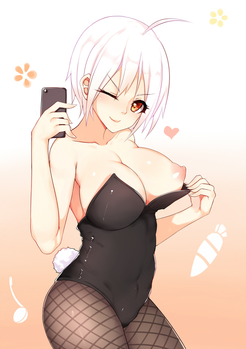 blush breasts bunny_girl bunny_tail bunnysuit cellphone fishnet_pantyhose fishnets hanami_dango_(zzldango) highres large_breasts nakiri_alice nipples one_breast_out one_eye_closed pantyhose phone red_eyes shokugeki_no_souma short_hair silver_hair simple_background smile solo tail