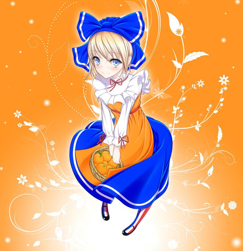 bad_proportions basket blonde_hair blue_eyes choker commentary_request dress flat_chest food france french_flag fruit full_body headdress highres long_dress mandarin_orange mary_janes orangina oshou personification pigeon-toed ribbon_choker shoes smile solo striped striped_legwear v_arms vertical-striped_legwear vertical_stripes