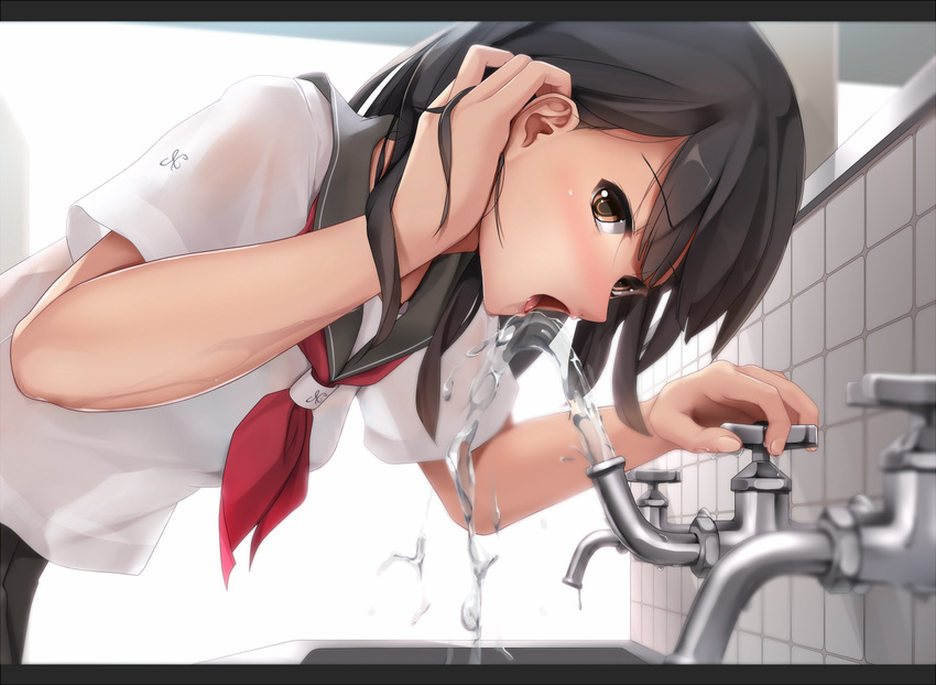 bangs bent_over black_hair blush breasts brown_eyes drinking drinking_fountain eto eyebrows_visible_through_hair from_side hair_tucking leaning_forward long_hair looking_at_viewer looking_to_the_side open_mouth original school_uniform see-through_silhouette serafuku short_sleeves small_breasts solo tile_wall tiles tongue water