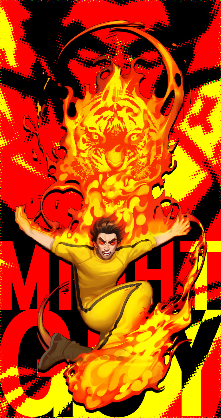 absurdres bad_id bad_pixiv_id black_hair bodysuit bruce_lee's_jumpsuit fire highres male_focus might_guy naruto naruto_(series) noeunjung93 red_eyes tiger yellow_bodysuit