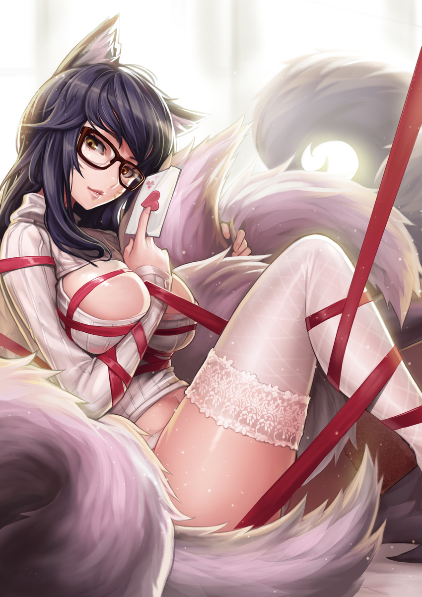absurdres ahri alternate_costume animal_ears asymmetrical_bangs bangs bdsm bespectacled between_breasts black_hair bondage bound breasts brown_eyes cleavage_cutout envelope fishnets fox_ears fox_tail glasses goomrrat heart highres kumiho lace lace-trimmed_thighhighs large_breasts league_of_legends letter light_smile lingerie lips long_hair love_letter lying meme_attire navel no_pants open-chest_sweater panties red_ribbon ribbed_sweater ribbon ribbon_bondage sitting solo sweater swept_bangs tail thighhighs turtleneck underwear whisker_markings white_legwear white_panties