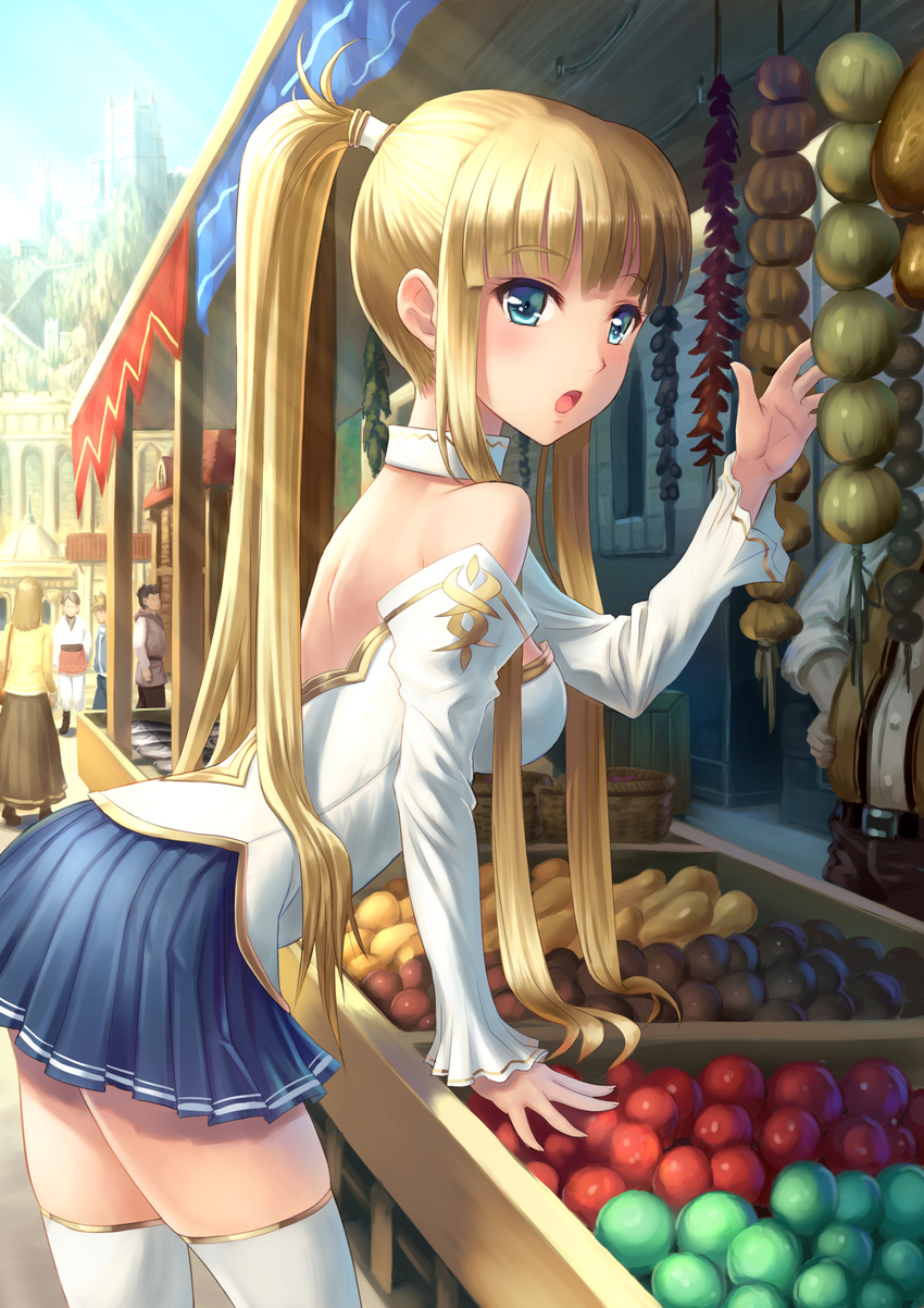 4boys bangs bare_shoulders bent_over blonde_hair blue_eyes blunt_bangs castle day detached_collar detached_sleeves eyebrows_visible_through_hair fantasy food fruit fruit_stand highres long_hair long_sleeves looking_at_viewer multiple_boys multiple_girls open_mouth original outdoors pleated_skirt ponytail skirt solo_focus thighhighs white_legwear youbou zettai_ryouiki