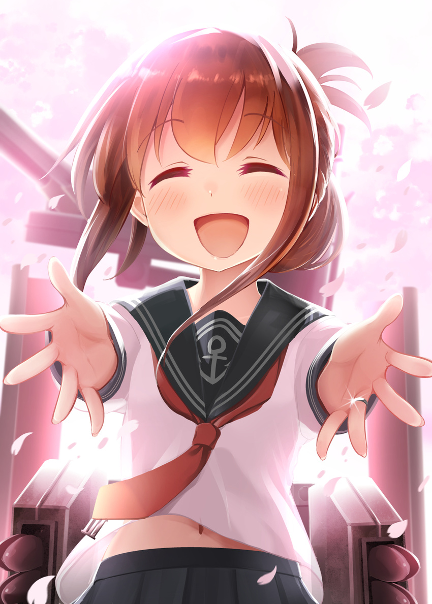 :d backless_outfit bell_(oppore_coppore) blush brown_hair closed_eyes folded_ponytail highres inazuma_(kantai_collection) incoming_hug jewelry kantai_collection looking_at_viewer machinery navel neckerchief open_mouth outstretched_arms revision ring school_uniform serafuku shirt skirt smile solo wedding_band