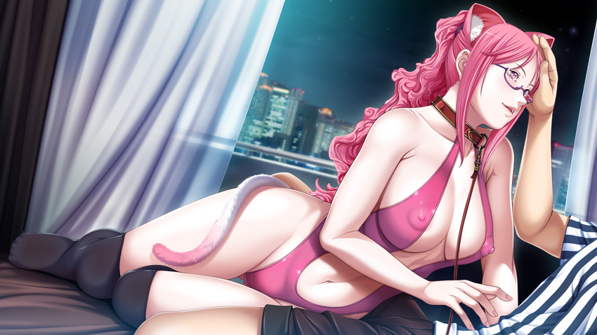 1girl animal_ears black_legwear blush breasts cat_ears cat_tail center_opening city collar covered_nipples curly_hair feet game_cg glasses hand_on_another's_head highres kusukawa_suzune large_breasts leash long_hair looking_at_another lying navel night on_side open_mouth p/a_~potential_ability~ petting pink_eyes pink_hair pink_swimsuit sei_shoujo semi-rimless_eyewear socks swimsuit tail thighhighs under-rim_eyewear window