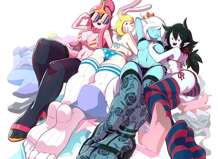 adventure_time ass belt bikini black_hair blonde_hair blue_skin boots breast_grab breasts clothes_removed fionna_the_human_girl gashi-gashi grabbing grey_skin ice_queen large_breasts looking_at_viewer looking_back marceline_abadeer multiple_girls pink_hair pink_skin pointy_ears princess_bonnibel_bubblegum sandals shorts shorts_around_one_leg silver_hair sunglasses swimsuit sword thighhighs underboob weapon white_hair yuri