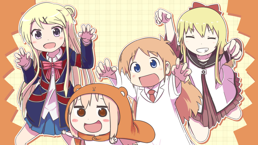 :d blonde_hair blue_eyes bow bowtie brown_eyes chibi claw_pose crossover doma_umaru grin hair_bow hair_bun hair_ornament hairclip hamster_costume highres himouto!_umaru-chan jacket kin-iro_mosaic komaru kujou_karen kyoyama3 long_hair multiple_crossover multiple_girls nanamori_school_uniform necktie nichijou open_mouth professor_shinonome purple_eyes school_uniform serafuku skirt smile teeth toshinou_kyouko trait_connection union_jack x_hair_ornament yuru_yuri