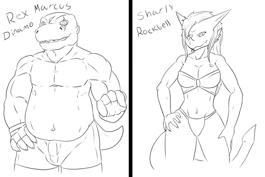 agumon anthro anthrofied black_and_white boxer_briefs bra cleavage closed_fist clothed clothing digimon digital_drawing_(artwork) digital_media_(artwork) dragon english_text female front_view heibanhikaru low-leg_panties male monochrome multiple_images musclegut muscles navel pecs pinup pose rex_the_agumon scalie scar shoutmon solo text underwear