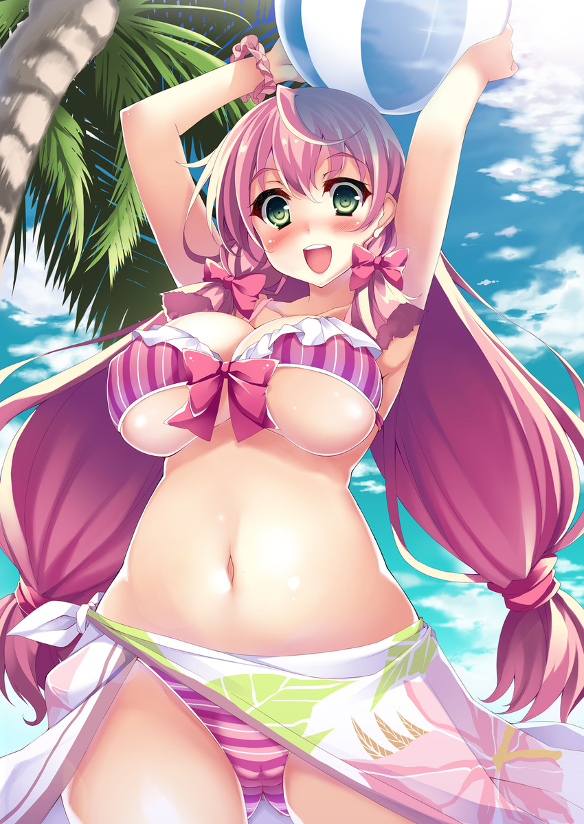 akashi_(kantai_collection) alternate_costume alternate_hairstyle ass_visible_through_thighs ball beachball belly bikini blush bow bow_bikini breasts cameltoe cleavage covered_nipples day green_eyes hair_ribbon highres kantai_collection kusano_(torisukerabasu) large_breasts long_hair looking_at_viewer low-tied_long_hair low_twintails navel open_mouth palm_tree pink_bikini pink_bow pink_hair revision ribbon sarong smile solo striped striped_bikini swimsuit tree tress_ribbon twintails underboob