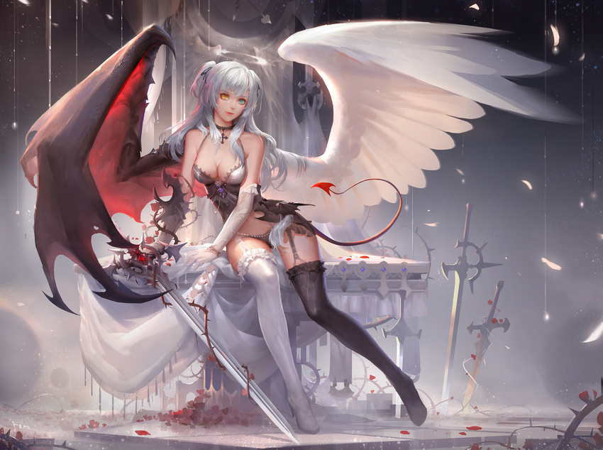angel_wings asymmetrical_wings babydoll bare_shoulders black_gloves black_legwear black_panties boots breasts camisole choker cleavage cross demon_tail demon_wings elbow_gloves fom_(lifotai) garter_straps gloves green_eyes hair_ribbon heterochromia high_heel_boots high_heels highres long_hair looking_at_viewer medium_breasts mismatched_footwear mismatched_gloves mismatched_legwear original panties petals ribbon silver_hair sitting smile solo sword tail thigh_boots thighhighs thorns two_side_up underwear weapon white_gloves white_legwear wings yellow_eyes