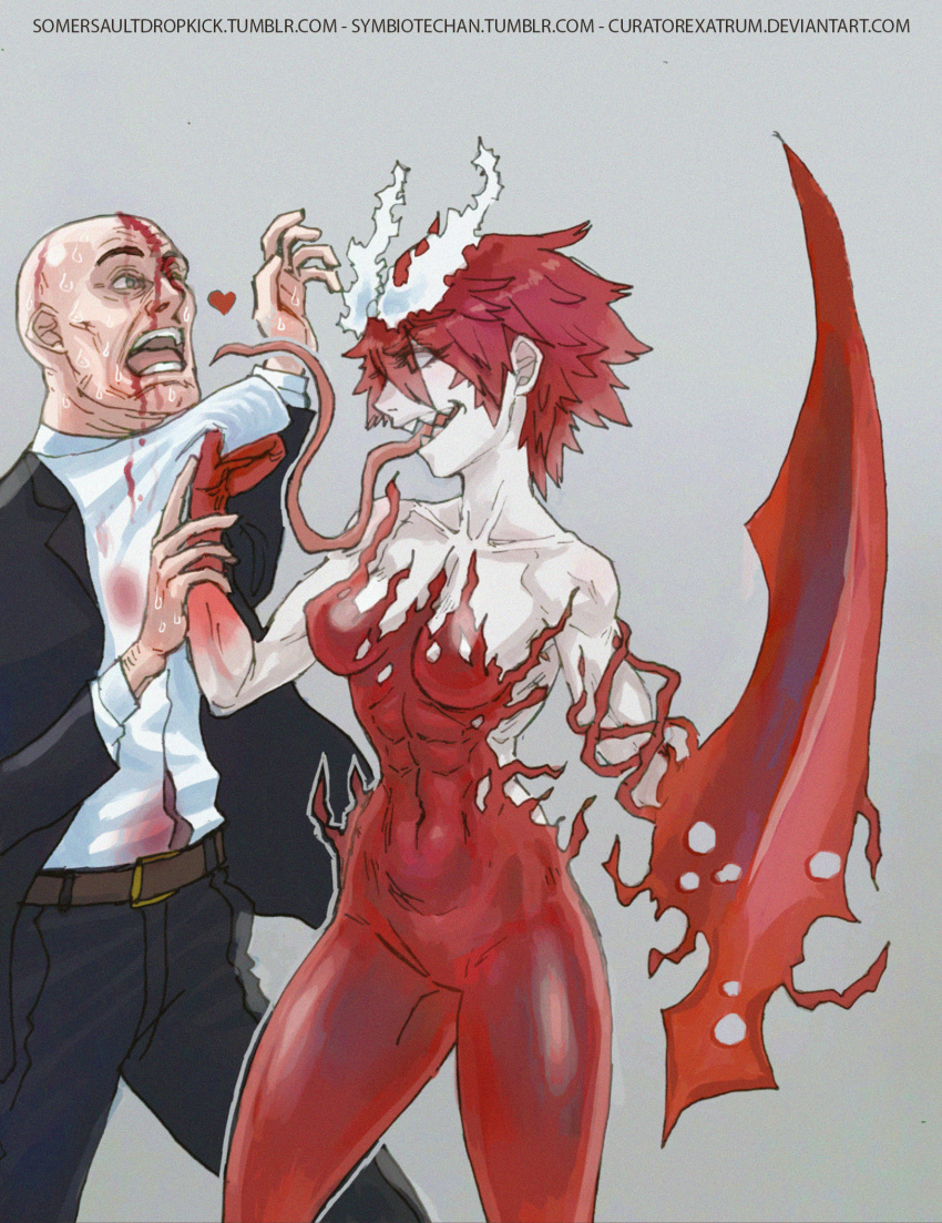 artist_name artist_request blood blood_from_mouth blood_on_face bloody_clothes bloody_hands breasts carnage carnage_(marvel) deviantart eyebrows_visible_through_hair female genderswap genderswap_(mtf) hair_ribbon heart highres humanization long_tongue marvel monster_girl muscle open_mouth personification pose red red_hair red_skin ribbon sharp_teeth short_hair simple_background smile smile_face somersaultdropkick_(artist) somersaultdropkick_(curatorexatrum) spider-man_(series) symbiote symbol teeth tongue tongue_out tumblr venom watermark web_address yandere