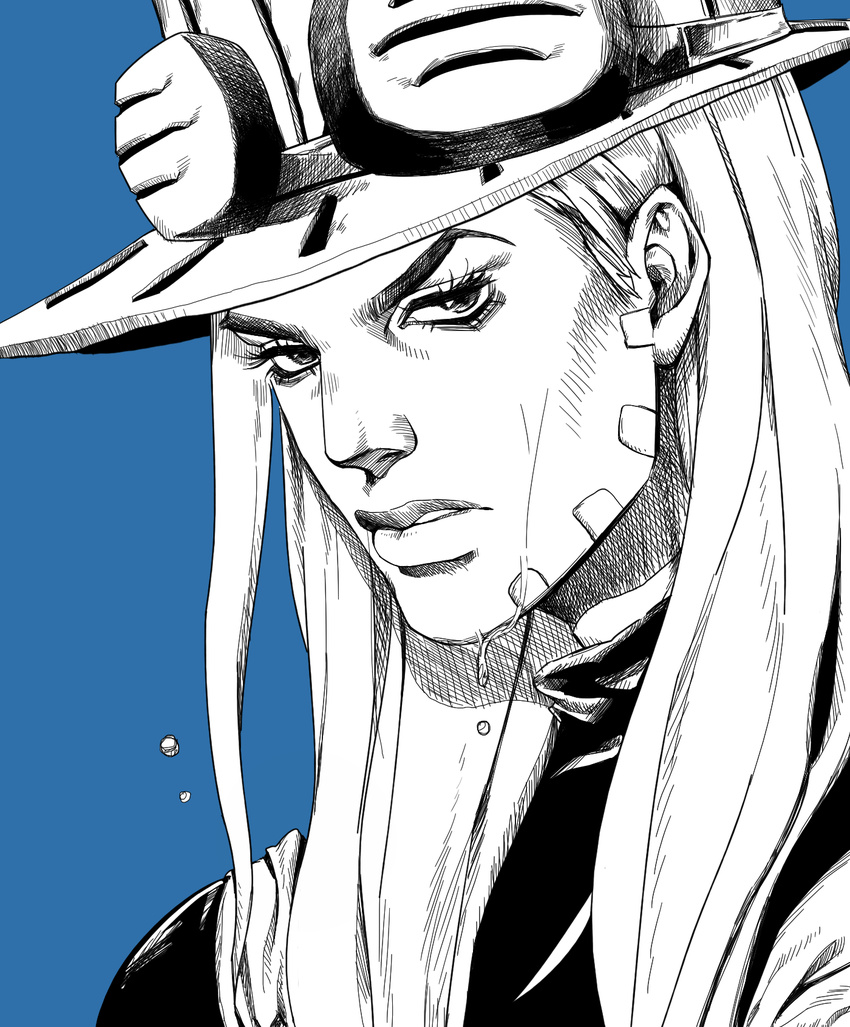 araki_hirohiko_(style) crosshatching face facial_hair goggles goggles_on_headwear gyro_zeppeli hat hel0205 highres jojo_no_kimyou_na_bouken long_hair male_focus monochrome portrait solo steel_ball_run sweatdrop