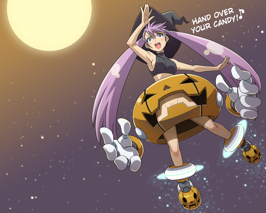 erect_nipples face full_moon gradient gradient_background haganemaru_kennosuke halloween hard_translated jack-o'-lantern jack-o'-lantern moon night night_sky no_panties original pumpkin purple_hair short_twintails sky solo translated twintails wallpaper