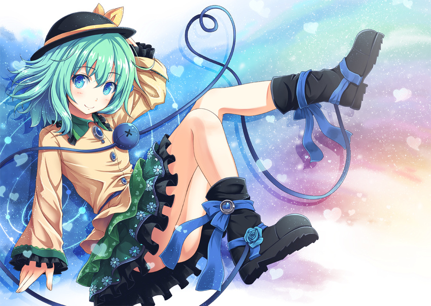 akashio_(loli_ace) blue_eyes boots bow green_hair hat komeiji_koishi long_sleeves looking_at_viewer ribbon short_hair skirt smile solo touhou