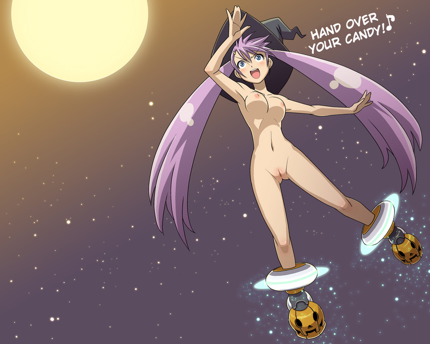 blue_eyes boots breasts face flying full_moon gradient gradient_background haganemaru_kennosuke halloween hard_translated hat moon night night_sky nude original pumpkin purple_hair pussy short_twintails sky solo translated twintails uncensored wallpaper witch_hat