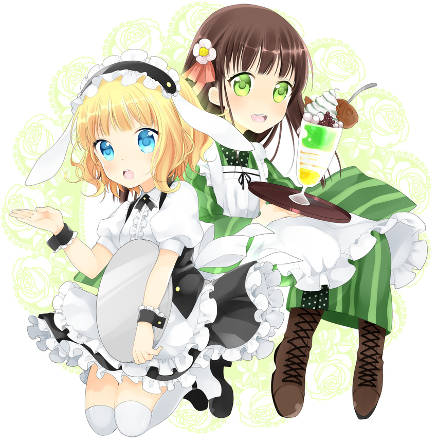 ama_usa_an_uniform blonde_hair blue_eyes brown_hair fleur_de_lapin_uniform gochuumon_wa_usagi_desu_ka? green_eyes hair_ornament hanata highres kirima_sharo long_hair multiple_girls parfait short_hair smile tray ujimatsu_chiya wa_maid waitress