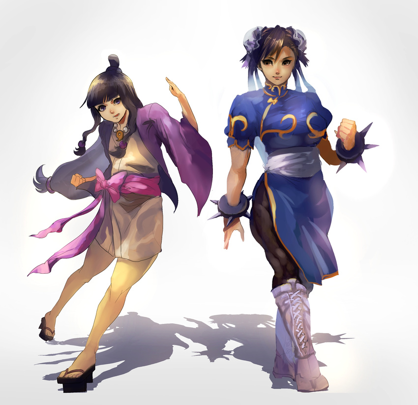 ayasato_mayoi bangs black_hair black_legwear blunt_bangs boots bracelet breasts brown_eyes brown_hair bun_cover capcom china_dress chinese_clothes chun-li clenched_hand company_connection crossed_legs crossover double_bun dress fighting_stance full_body geta gyakuten_saiban highres japanese_clothes jewelry kimono knee_boots lace lace-trimmed_panties large_breasts matcho multiple_girls obi panties pantyhose pelvic_curtain purple_eyes sandals sash short_kimono spiked_bracelet spikes street_fighter thick_thighs thighs underwear