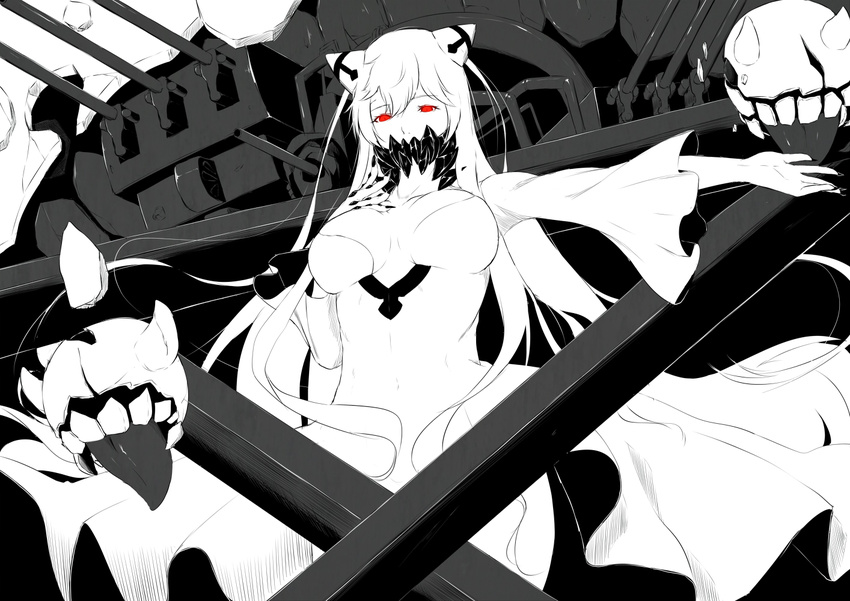 black_nails breasts cannon cleavage_cutout dress horns kantai_collection large_breasts long_hair long_sleeves looking_at_viewer midway_hime nail_polish niwatazumi red_eyes shinkaisei-kan solo white_dress white_hair