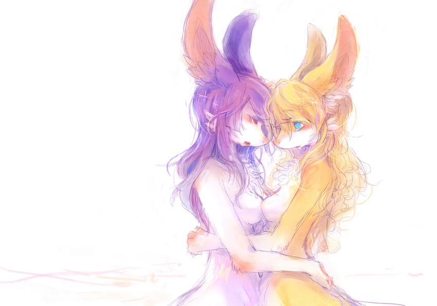 blonde_hair breasts female female/female fur hair kemono lagomorph mammal pipisan purple_eyes purple_hair rabbit yellow_fur