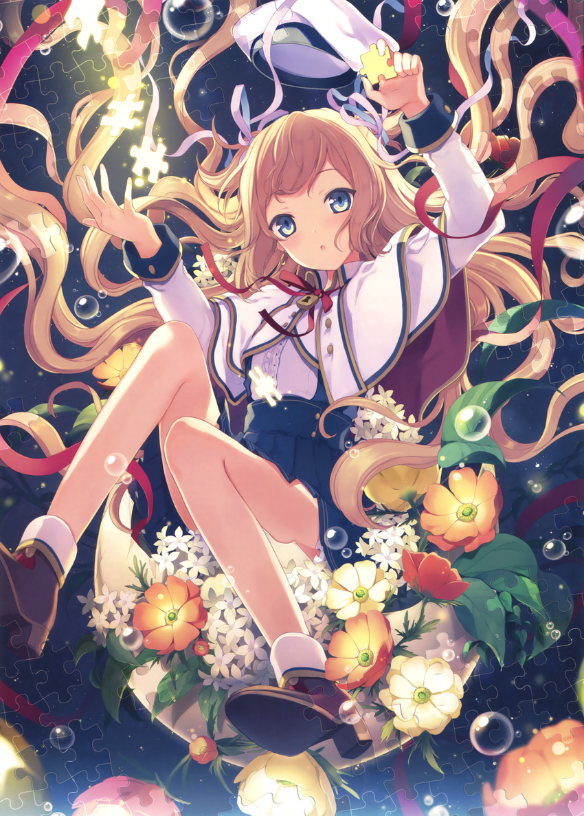 absurdres bangs blonde_hair blue_eyes blush bubble cloak flower hat high_heels highres kiyu long_hair looking_at_viewer open_mouth original puzzle_piece ribbon school_uniform shoes side_ponytail sidelocks skirt solo source_request twintails