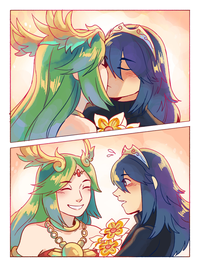 2girls absurdres bare_shoulders blue_eyes blush breasts dress eyes_closed fire_emblem fire_emblem:_kakusei flower frogbians green_eyes green_hair highres jewelry kid_icarus kiss long_hair lucina multiple_girls nintendo palutena smile super_smash_bros. super_smash_bros._ultimate tiara very_long_hair yuri