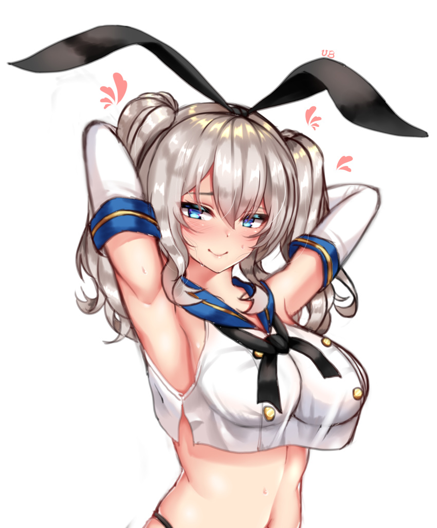 1girl absurdres alternate_costume armpits arms_behind_head bare_shoulders black_panties blue_eyes blush breasts colored_eyelashes commentary_request cosplay elbow_gloves gloves hibi_(grangcat) highleg highleg_panties highres kantai_collection kashima_(kantai_collection) large_breasts long_hair looking_at_viewer midriff navel no_bra panties pink_lips sailor_collar school_uniform see-through serafuku shimakaze_(kantai_collection) shimakaze_(kantai_collection)_(cosplay) sidelocks silver_hair solo stomach symbol_commentary tsurime twintails underwear upper_body wavy_hair white_gloves