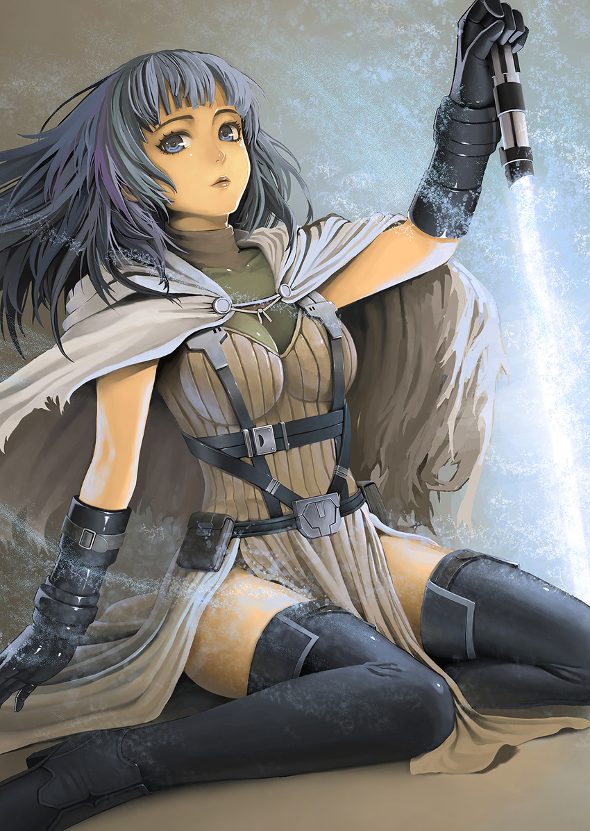 belt black_gloves blue_eyes blue_hair boots cape energy_sword gloves high_heel_boots high_heels highres jchoy lightsaber original planted_weapon pouch sitting solo star_wars sword thigh_boots thighhighs wariza weapon