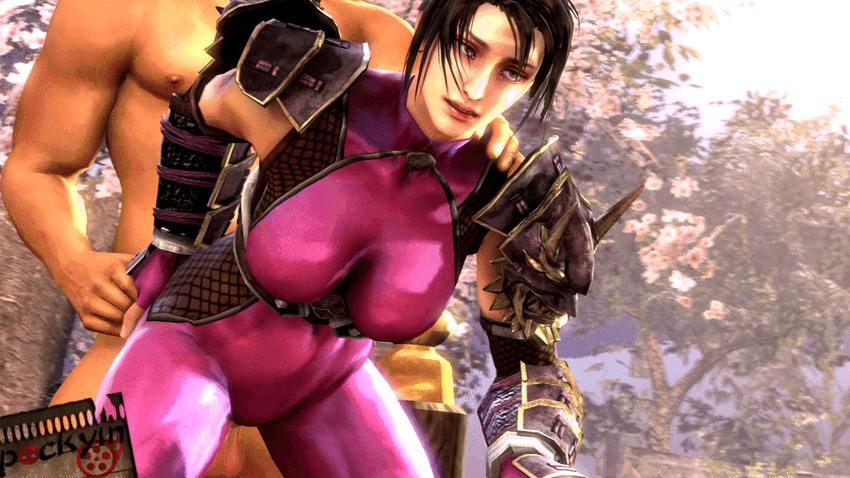 1boy 1girl 3d animated animated_gif armor black_hair bodysuit bouncing_breasts breasts clothed_female_nude_male clothed_sex doggystyle happy long_hair ninja pockyin_sfm pockyinsfm ponytail skin_tight soul_calibur soulcalibur_iv source_filmmaker spandex taki_(soulcalibur) thick_thighs thighs uncensored