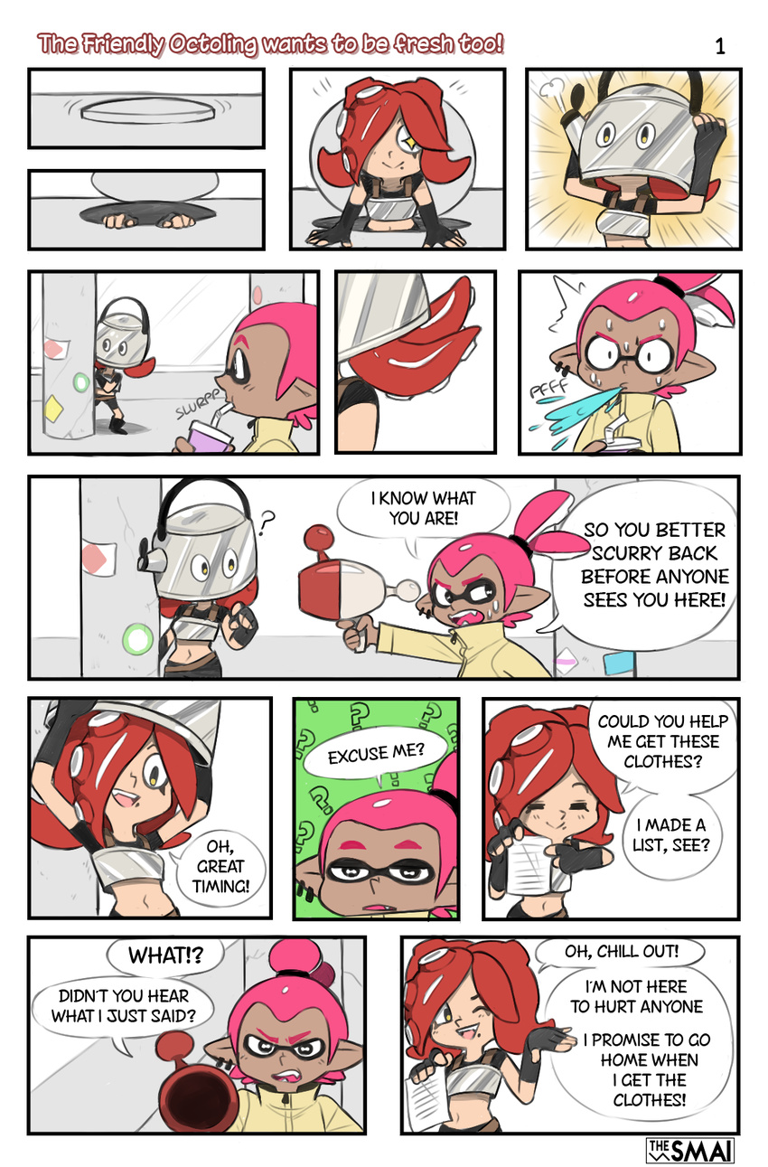 1girl ? bad_id bad_tumblr_id boots bucket_hat comic domino_mask drinking earrings english fangs hat highres inkling jewelry mask midriff mole mole_under_mouth octarian pink_hair pointy_ears ponytail red_hair sami_briggs splatoon_(series) splatoon_1 takozonesu tentacle_hair