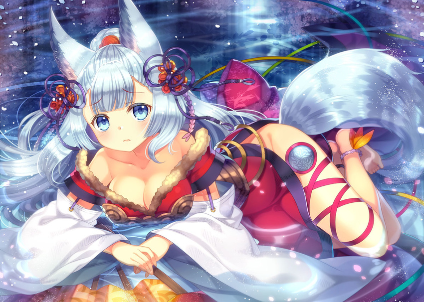 animal_ears barefoot blue_eyes blush breasts capura_lin cleavage detached_sleeves erune fan folding_fan granblue_fantasy hair_ribbon large_breasts long_hair looking_at_viewer md5_mismatch ponytail ribbon silver_hair socie_(granblue_fantasy) solo tail very_long_hair water wolf_ears wolf_tail