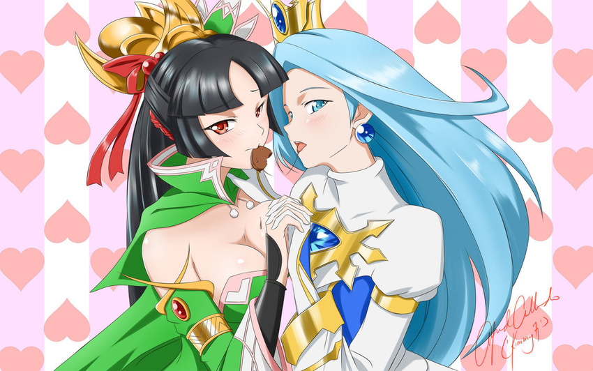 2girl 2girls aqua_eyes aqua_hair armlet artist_request black_hair blue_hair blush bracelet breasts bridal_gauntlets cape chocolate cleavage copyright_request crown detached_sleeves dress earrings female food gem green_dress hair_ornament hand_holding hand_on_another's_shoulder hand_on_shoulder heart heart_background highres hime_cut hug incipient_kiss interlocked_fingers jewelry large_breasts light_blue_hair long_hair long_sleeves looking_at_viewer multiple_girls mutual_yuri open_mouth puffy_sleeves red_eyes shiny shiny_hair shiny_skin strapless strapless_dress striped striped_background tongue tongue_out turtleneck upper_body yuri