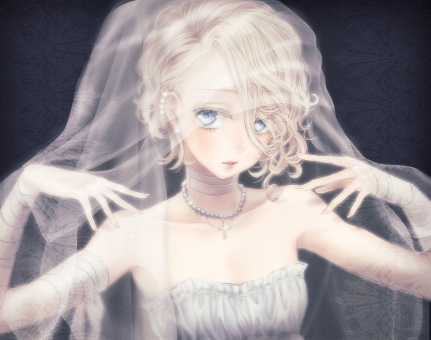 bandages bare_shoulders blonde_hair blue_eyes bridal_veil cross crossdressing dress earrings jewelry male_focus necktie original otoko_no_ko shino_(syllable) short_hair solo veil wedding_dress