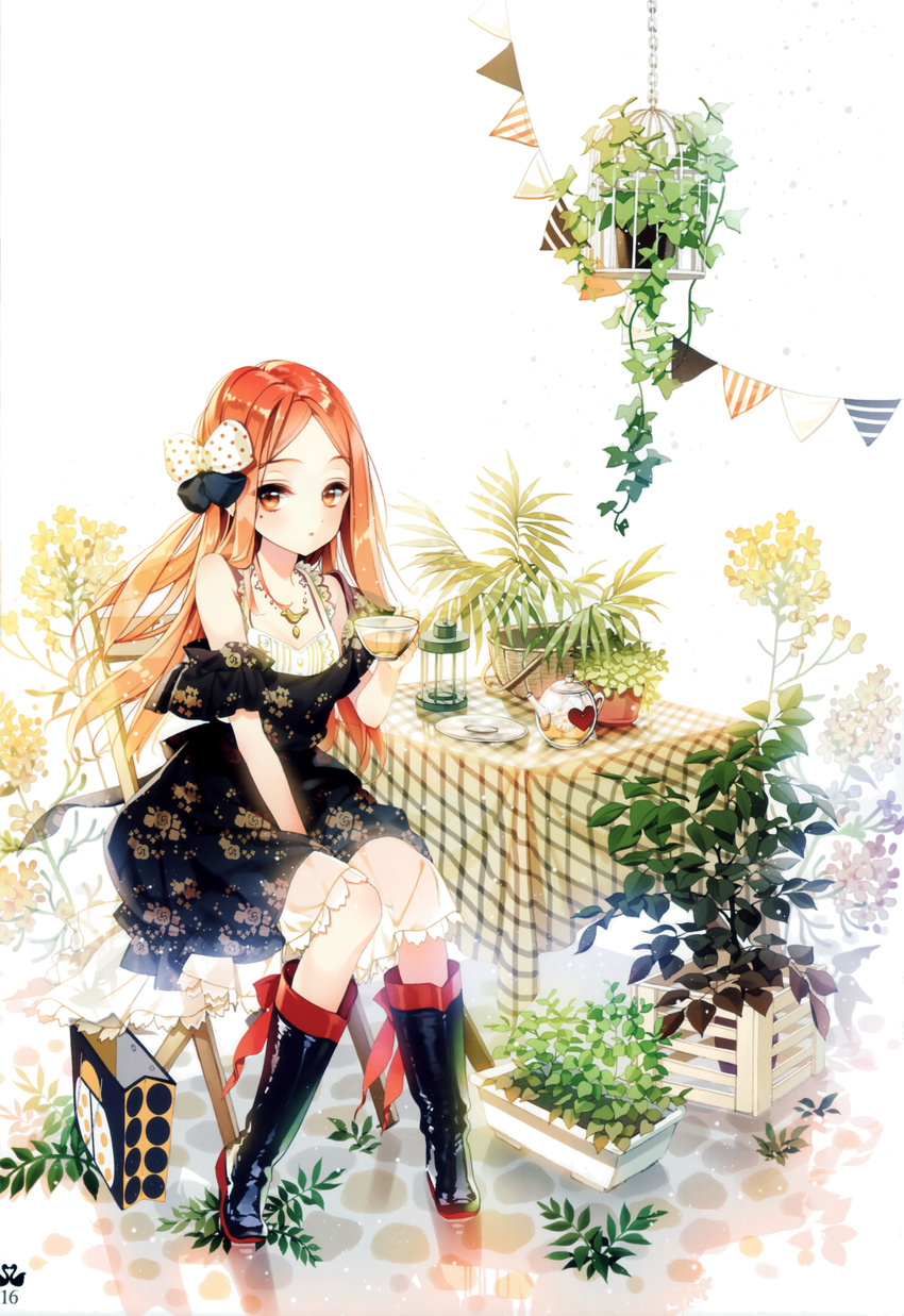 :o absurdres black_footwear boots bow breasts brown_eyes brown_hair chair cherrypin cup dress expressionless full_body hair_bow heart highres knee_boots mole mole_under_eye parted_lips plant potted_plant sitting small_breasts table teapot