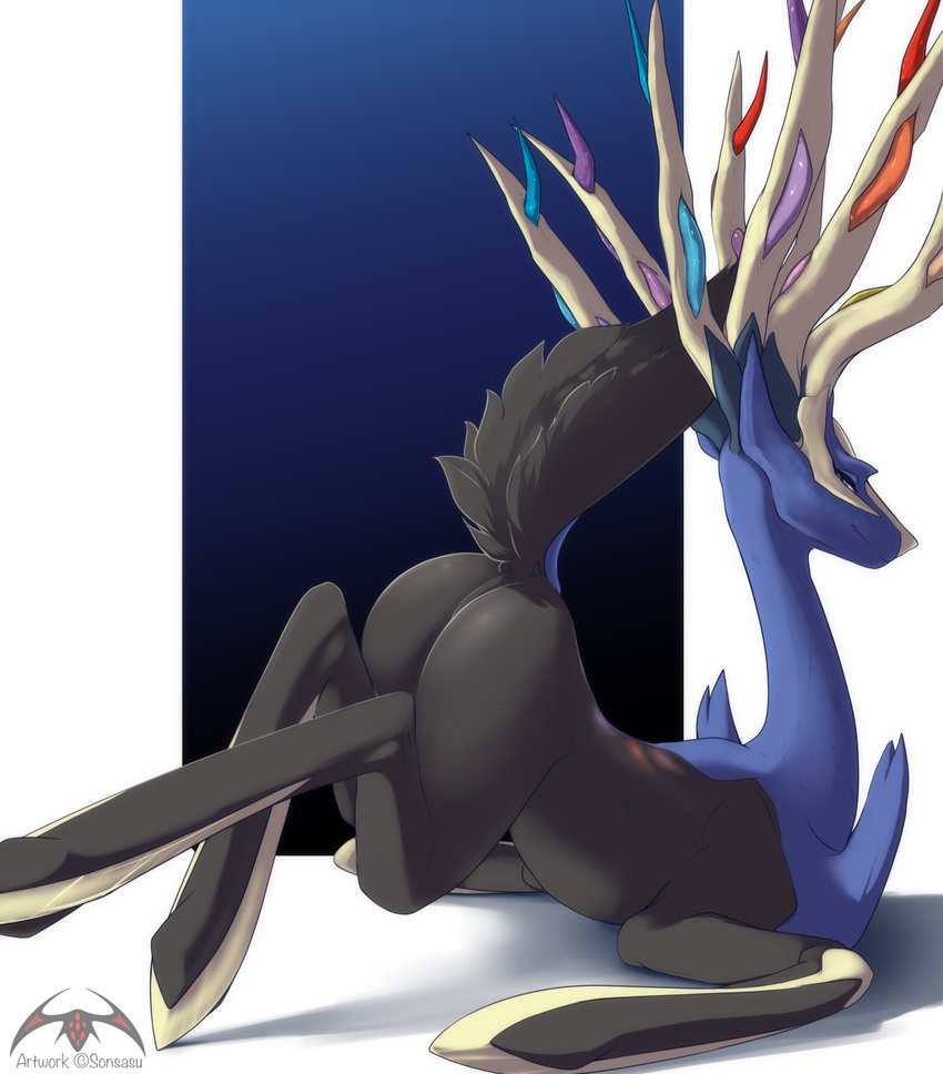 ambiguous_gender antlers ass_up barefoot butt cervine deer feral fur half-closed_eyes horn legendary_pok&eacute;mon looking_at_viewer lying mammal nintendo nude on_floor on_front pok&eacute;mon presenting presenting_hindquarters smile solo sonsasu video_games xerneas