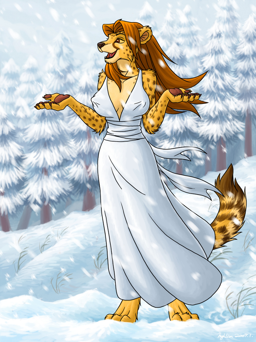 2015 breasts brown_hair by-sa cheetah claws clothed clothing creative_commons dress erect_nipples fahada feline female hair hi_res hyhlion license_info long_hair mammal nipples open_mouth outside shrug skimpy snow snowing solo spots tongue tree yellow_sclera