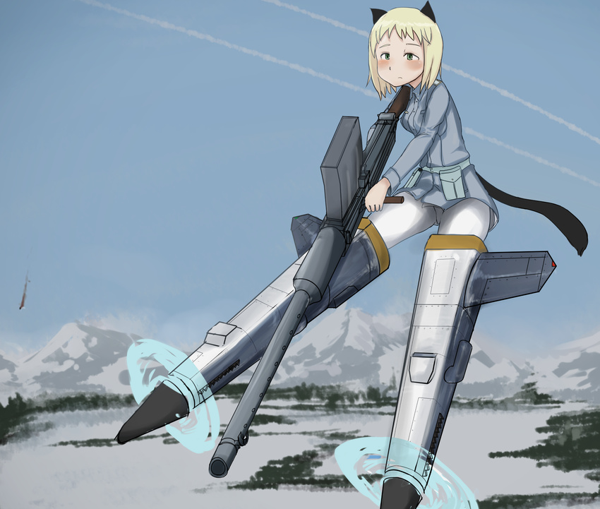 animal_ears anti-materiel_rifle bad_id bad_pixiv_id blonde_hair blush cat_ears cat_tail condensation_trail elma_leivonen gun highres lahti_l39 mountain pantyhose rifle short_hair sniper_rifle snow solo striker_unit tail tree ukedachi weapon world_witches_series