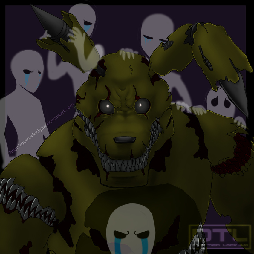 animatronic black_sclera clenched_teeth creepy dream fan five_nights_at_freddy's front_view ghost glowing glowing_eyes hand_on_head hand_on_shoulder looking_at_viewer machine nightmare purple_background robot salvagethespringtrap scared sharp_teeth solo_focus spirit springtrap tears teeth video_games white_eyes yellow_body