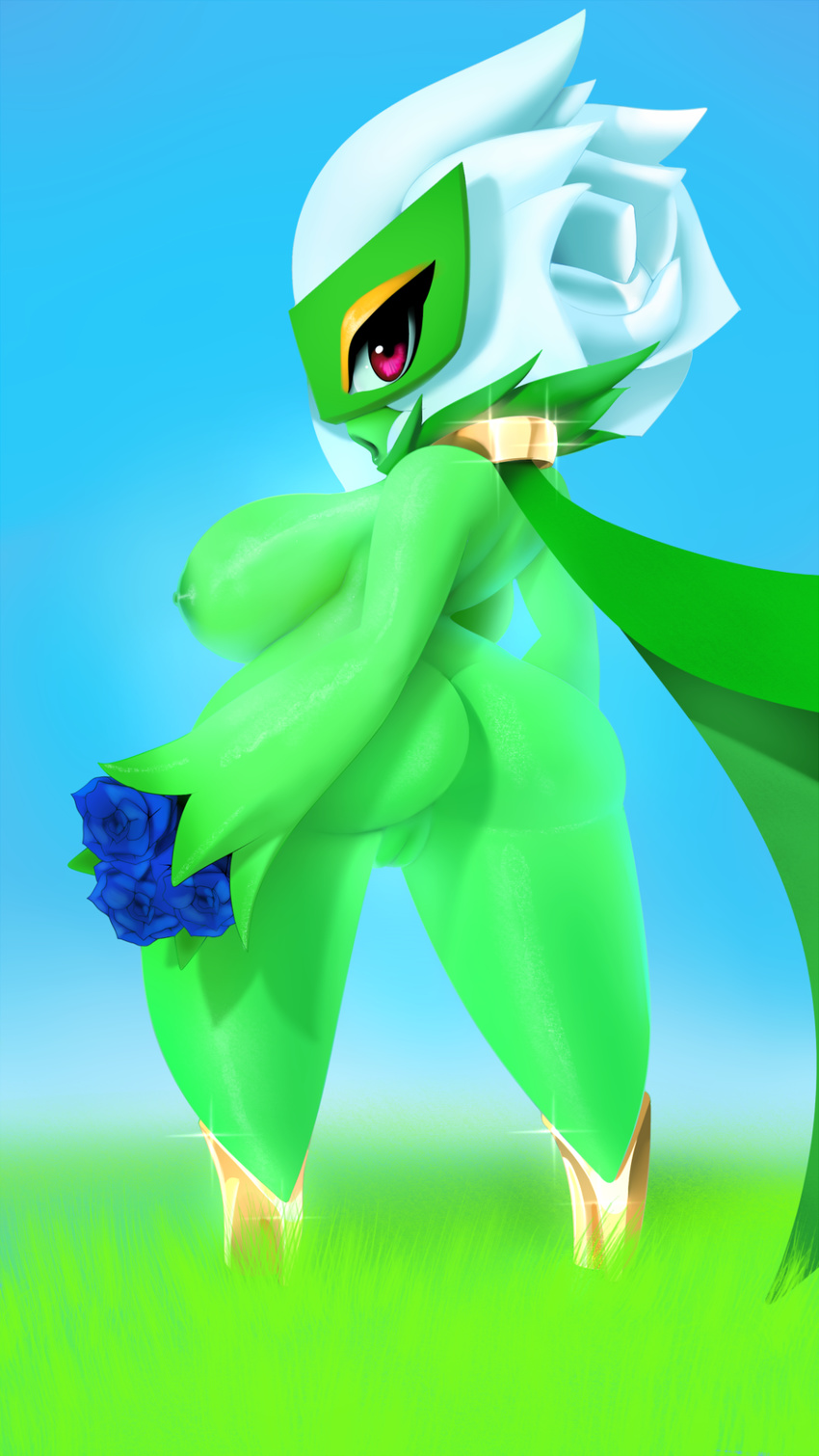 2015 anthro big_breasts blush breasts butt clothing erect_nipples female flora_fauna flower hair huge_breasts humanoid looking_at_viewer nintendo nipples nude open_mouth plant plantpenetrator pok&eacute;mon pussy red_eyes roserade solo video_games white_hair wide_hips
