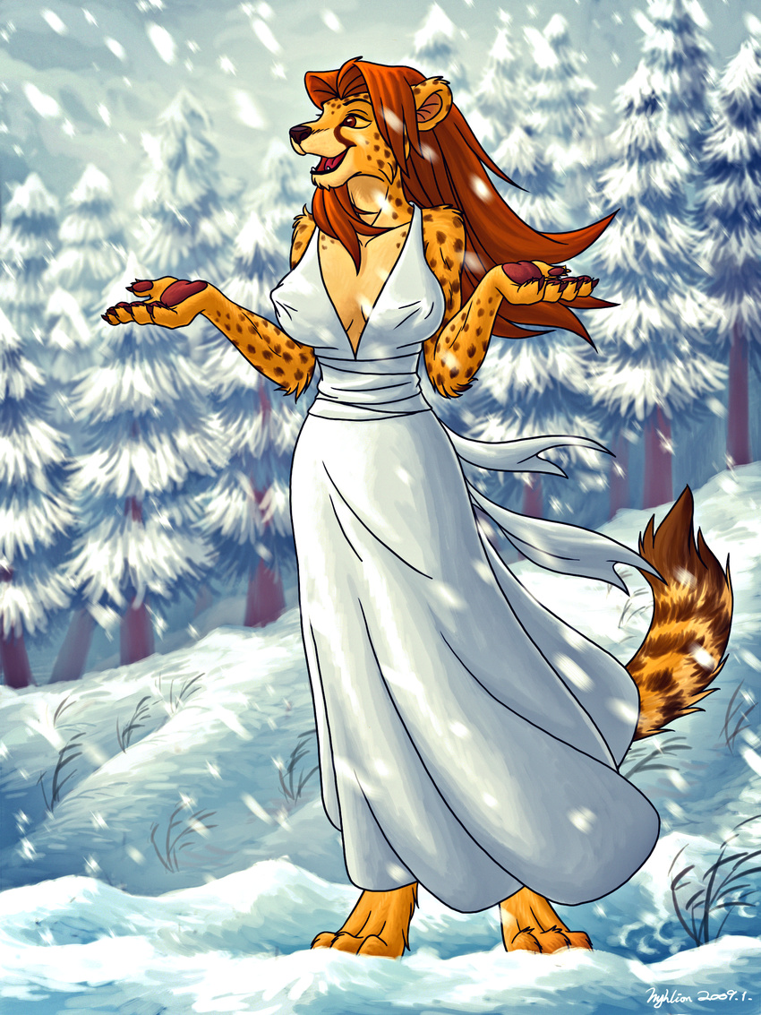 2015 breasts brown_hair by-sa cheetah claws clothed clothing creative_commons dress erect_nipples fahada feline female hair hi_res hyhlion license_info long_hair mammal nipples open_mouth outside shrug skimpy snow snowing solo spots tongue tree yellow_sclera