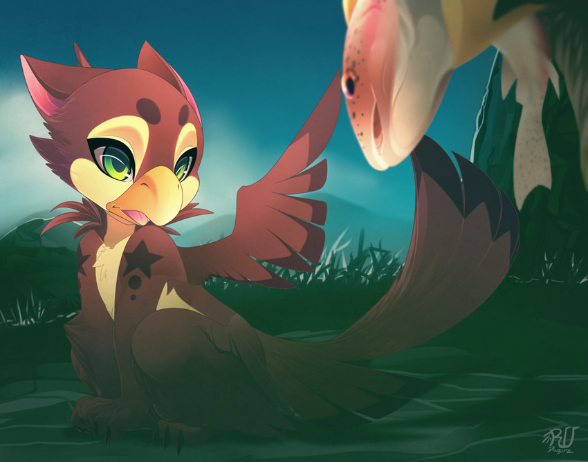 2015 ambiguous_gender avian beak brown_feathers brown_fur cub cute duo feathers feeding feral fish food fur grass green_eyes gryphon marine parent rudragon spread_wings wings young