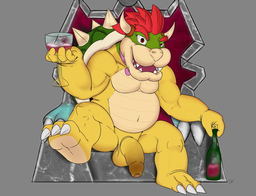 2015 3_toes alcohol balls belly beverage bow_tie bowser chubby claws digital_media_(artwork) flaccid food glass green_scales grey_background hair horn koopa looking_at_viewer male mario_bros multicolored_scales musclegut muscles navel nintendo nude one_leg_up open_mouth partially_retracted_foreskin paws pecs penis red_hair scalie seyrmo sharp_teeth signature simple_background sitting soles solo spread_legs spreading tan_scales teeth throne toe_claws toes uncut video_games wine yellow_scales