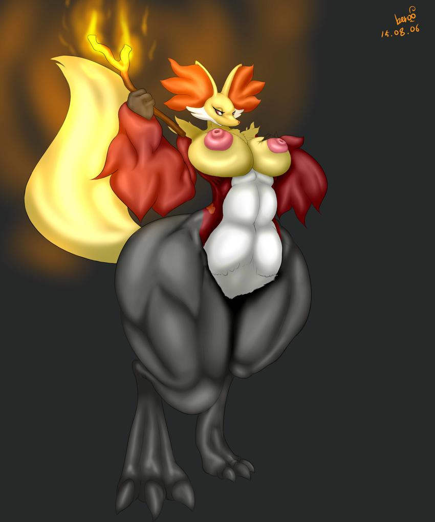 2015 anthro ber00_(artist) big_breasts breasts delphox erect_nipples female fire nintendo nipples pok&eacute;mon pose solo thick_thighs video_games wide_hips