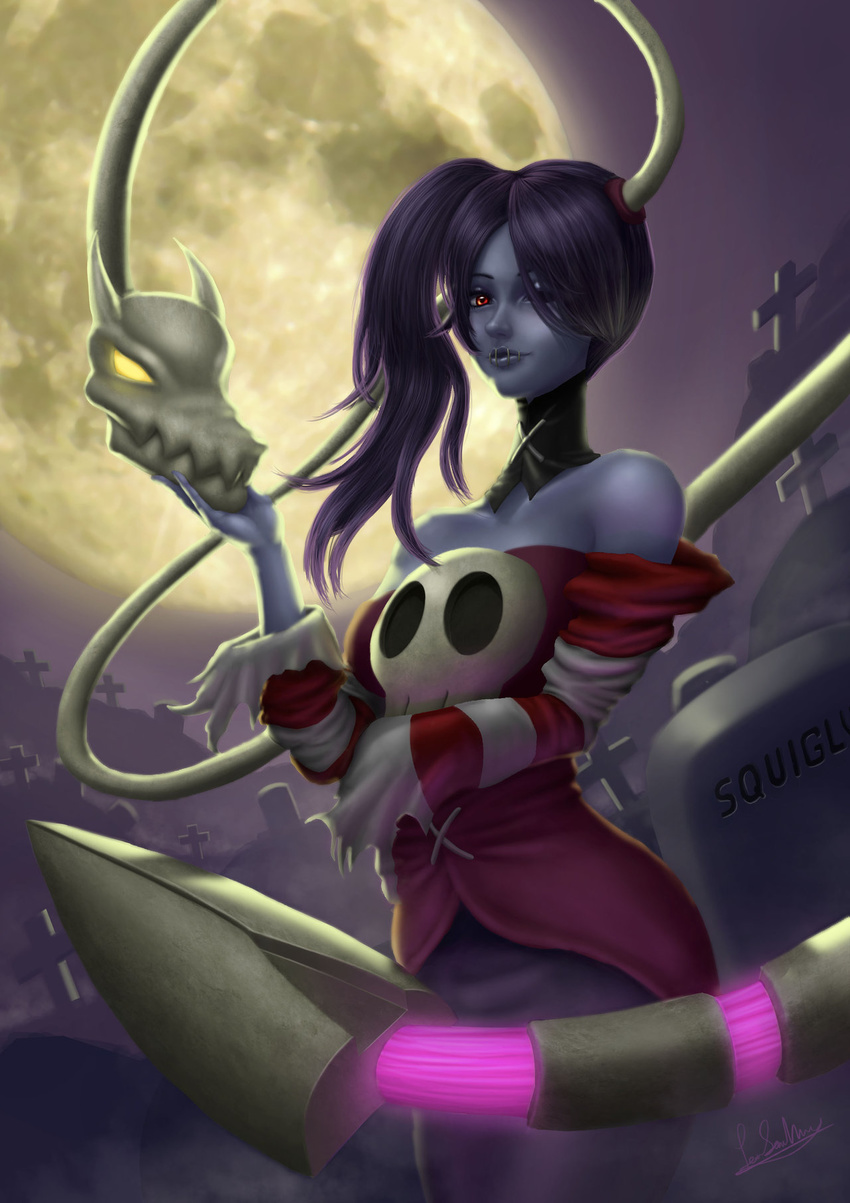 1girl bare_shoulders blue_hair blue_skin breasts detached_collar detached_sleeves graveyard hair_over_one_eye highres leviathan_(skullgirls) long_neck medium_breasts moon red_eyes side_ponytail skirt skull skullgirls sm-a squigly_(skullgirls) stitched_mouth stitches striped_sleeves tombstone zombie